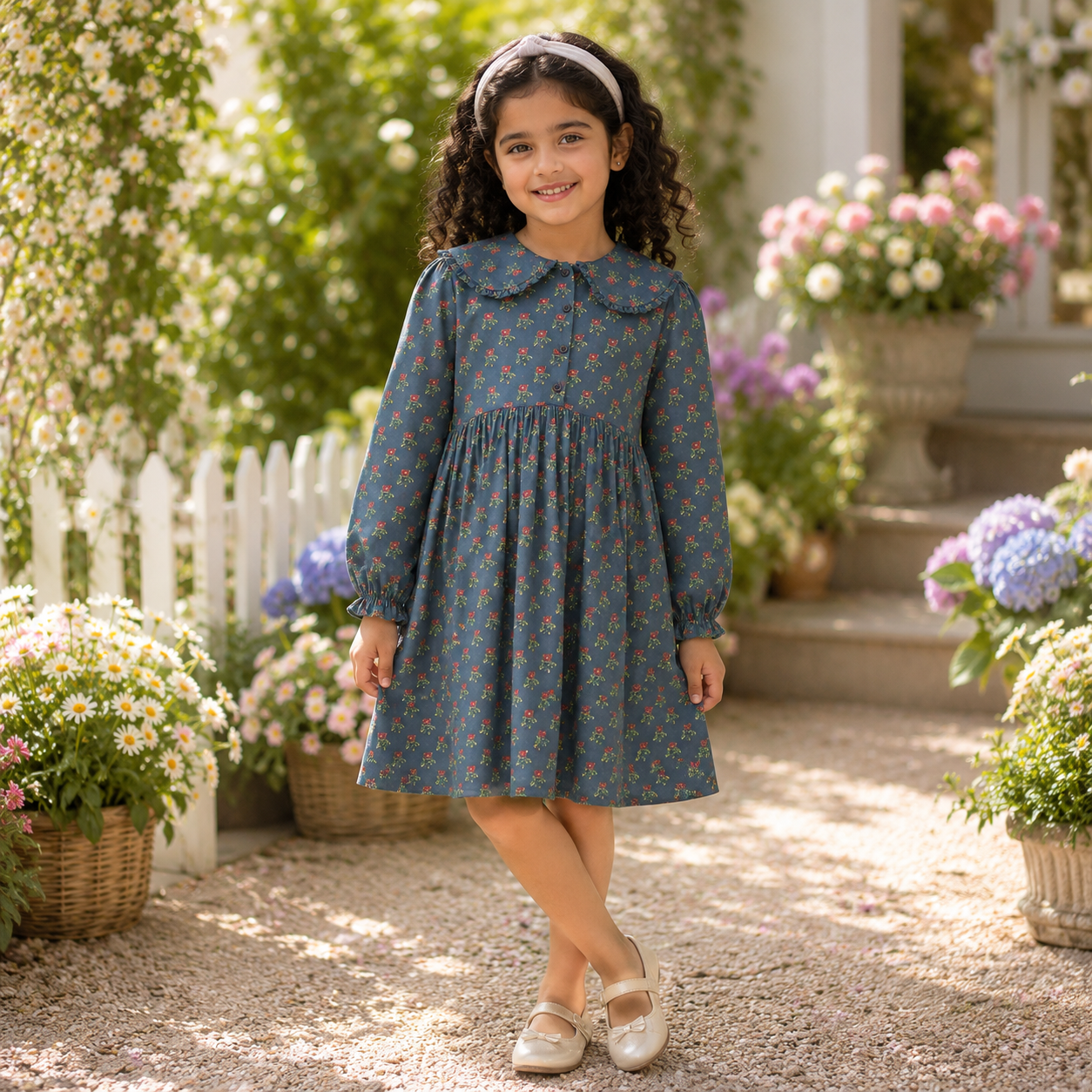 Girls Floral Full Sleeve Peter Pan Collar Dress
