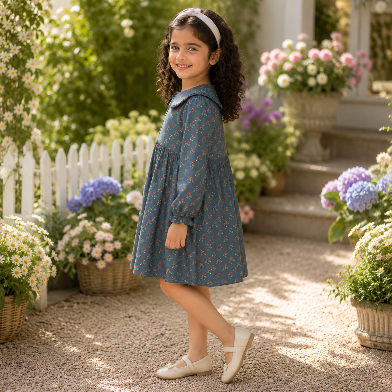 Girls Floral Full Sleeve Peter Pan Collar Dress