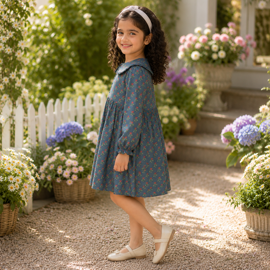Girls Floral Full Sleeve Peter Pan Collar Dress