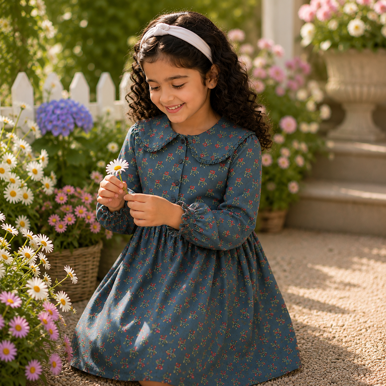 Girls Floral Full Sleeve Peter Pan Collar Dress