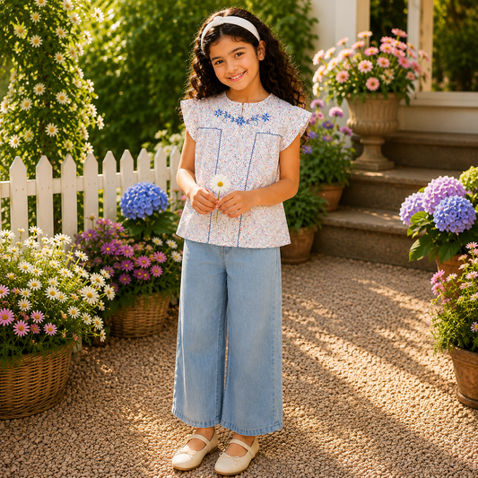 Girls Floral Embroidered Casual Cotton Top