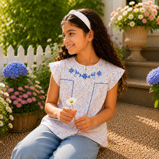 Girls Floral Embroidered Casual Cotton Top