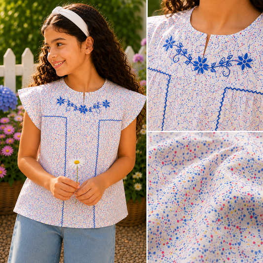 Girls Floral Embroidered Casual Cotton Top