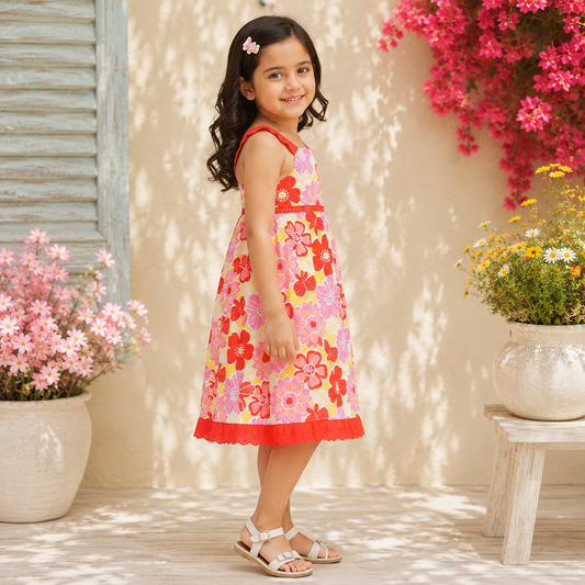 Girls Floral Printed Sleeveless Dress