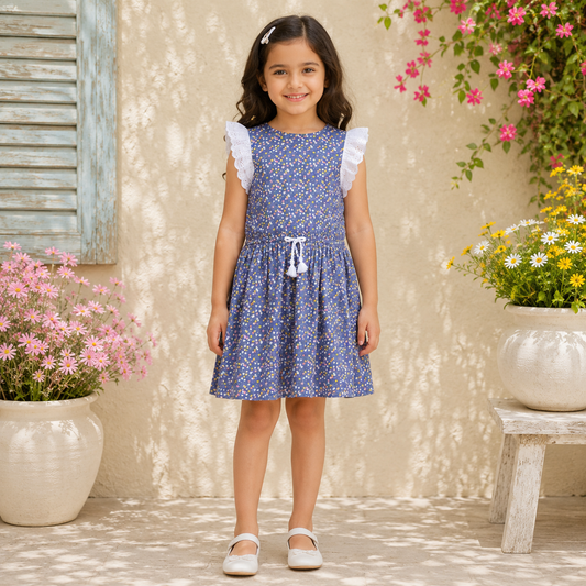 Girls Blue Printed Fit & Flare Dress