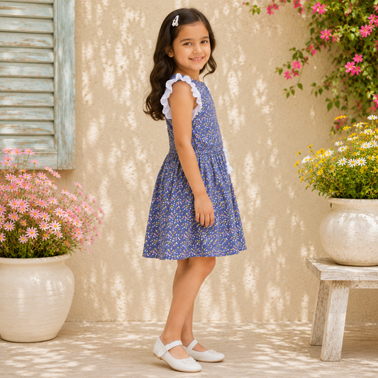 Girls Blue Printed Fit & Flare Dress
