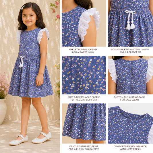 Girls Blue Printed Fit & Flare Dress