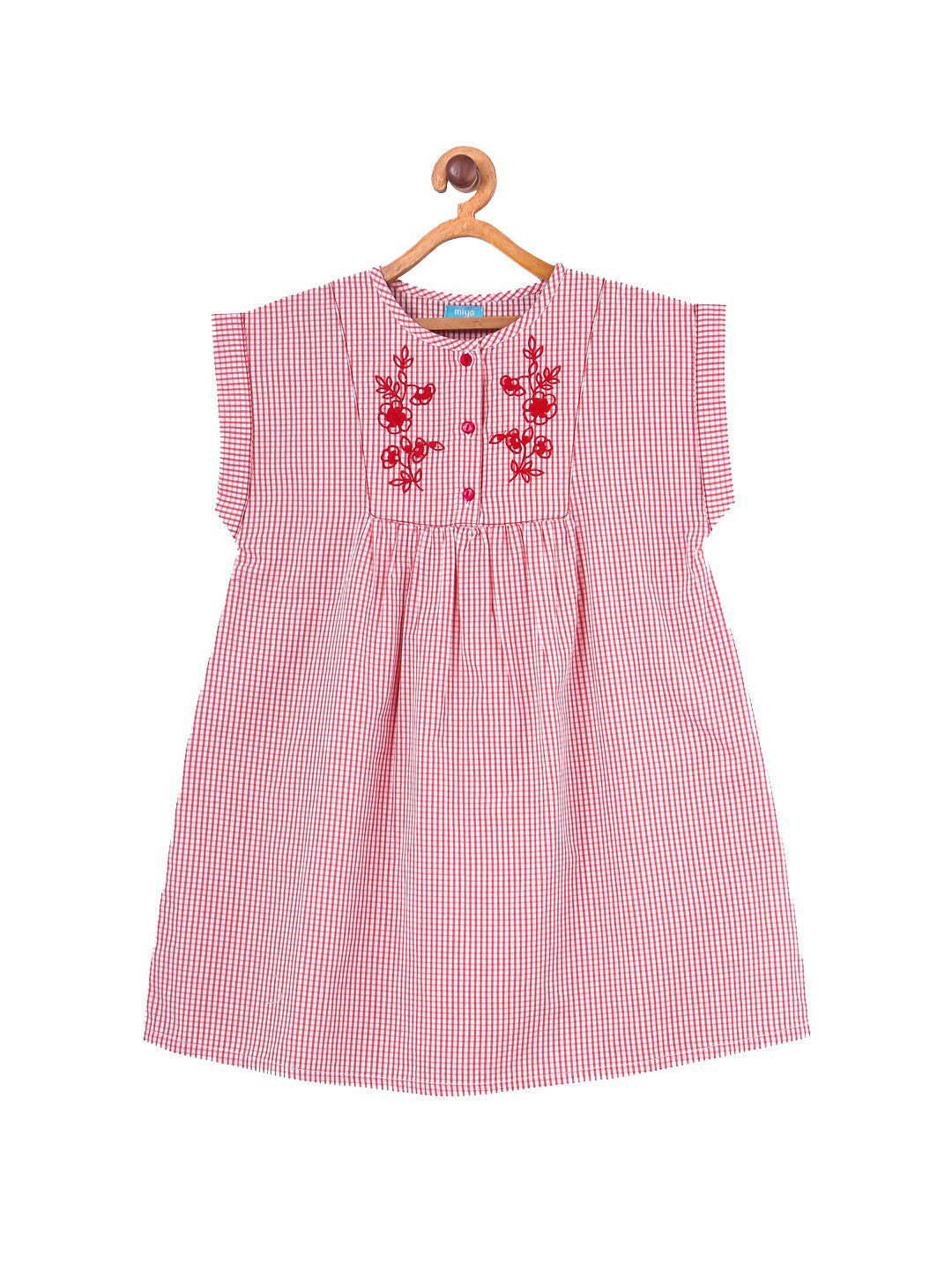 Girls Red Checked Embroidered Dress
