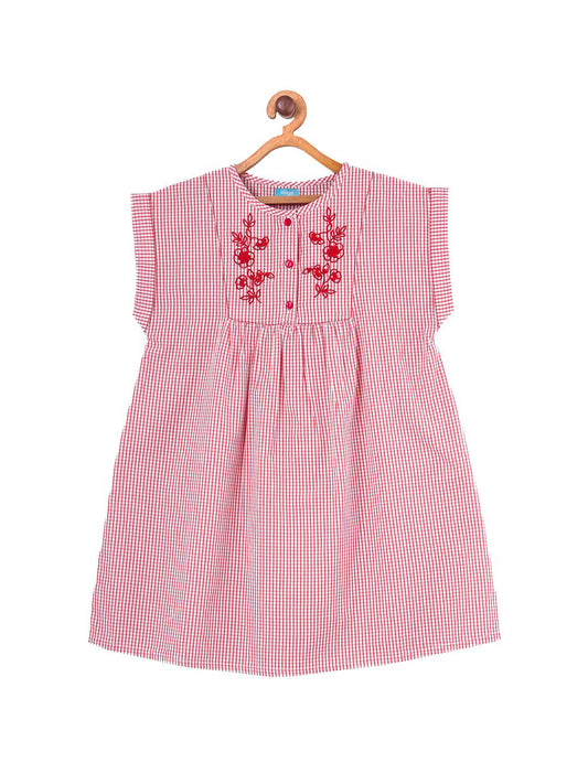 Girls Red Checked Embroidered Dress