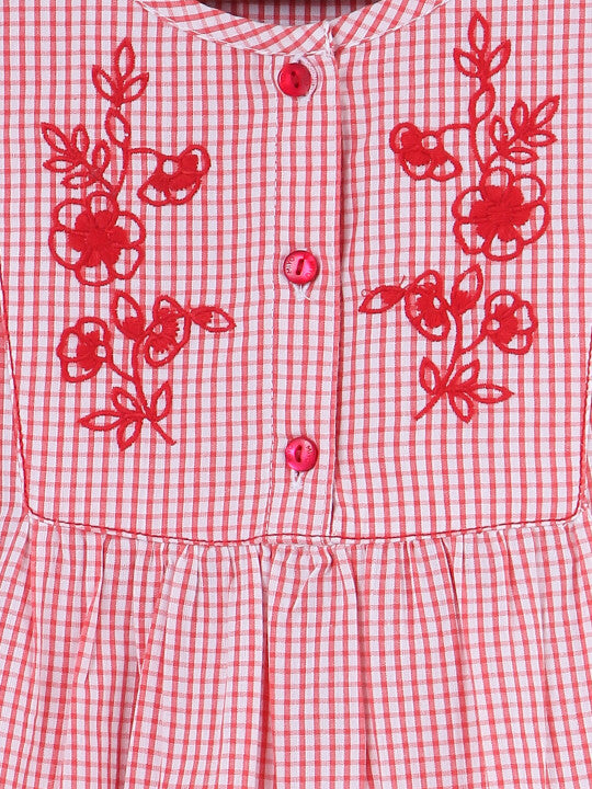 Girls Red Checked Embroidered Dress