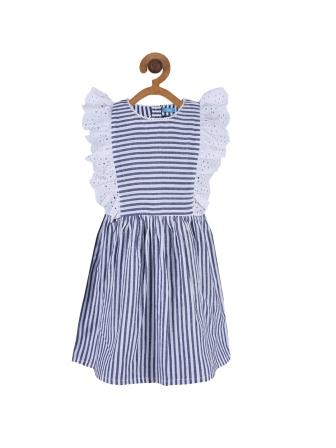 Girls Blue Striped Lace Sleeve Dress