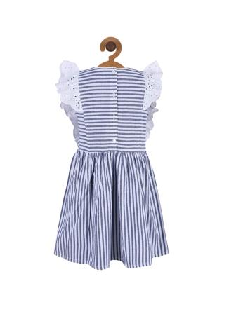 Girls Blue Striped Lace Sleeve Dress