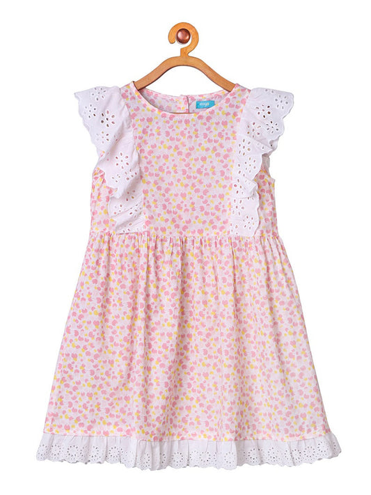 Girls Floral Schiffli Flared Dress