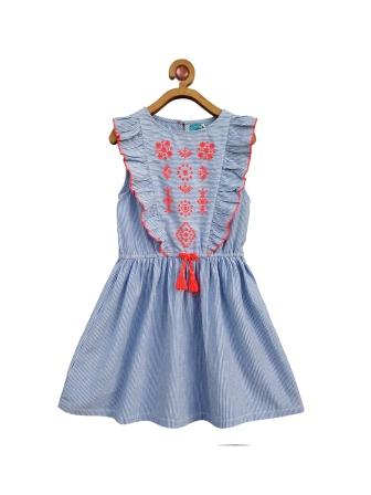 Girls Blue Striped Embroidered Dress