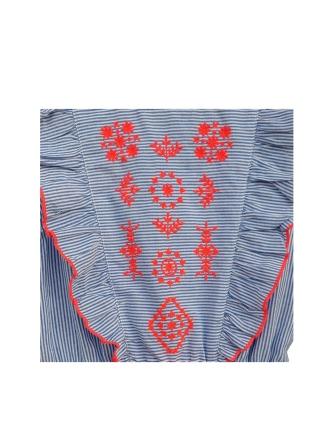 Girls Blue Striped Embroidered Dress