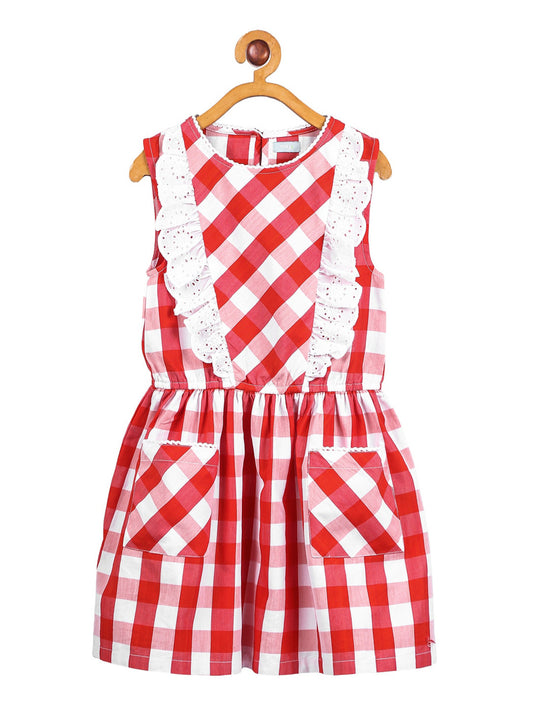 Girls Red Checked Sleeveless Dress