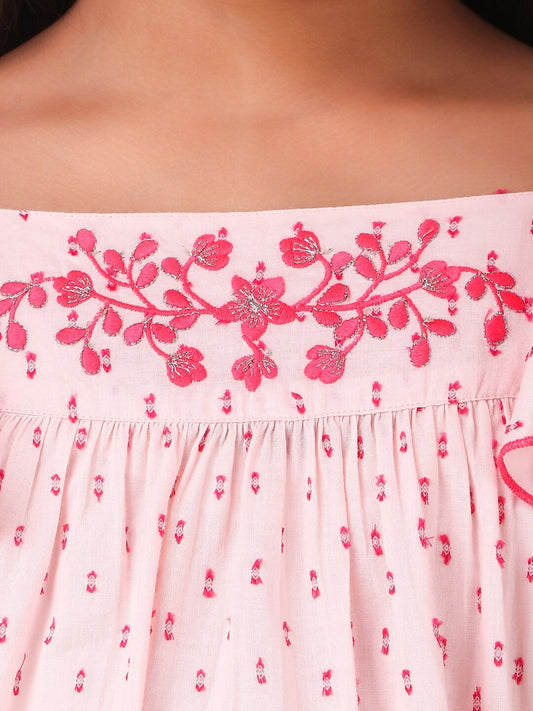 Girls Pink Embroidered Flutter Sleeve Dress