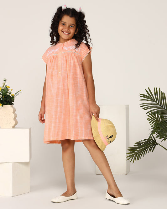 Girls Peach Embroidered Dress