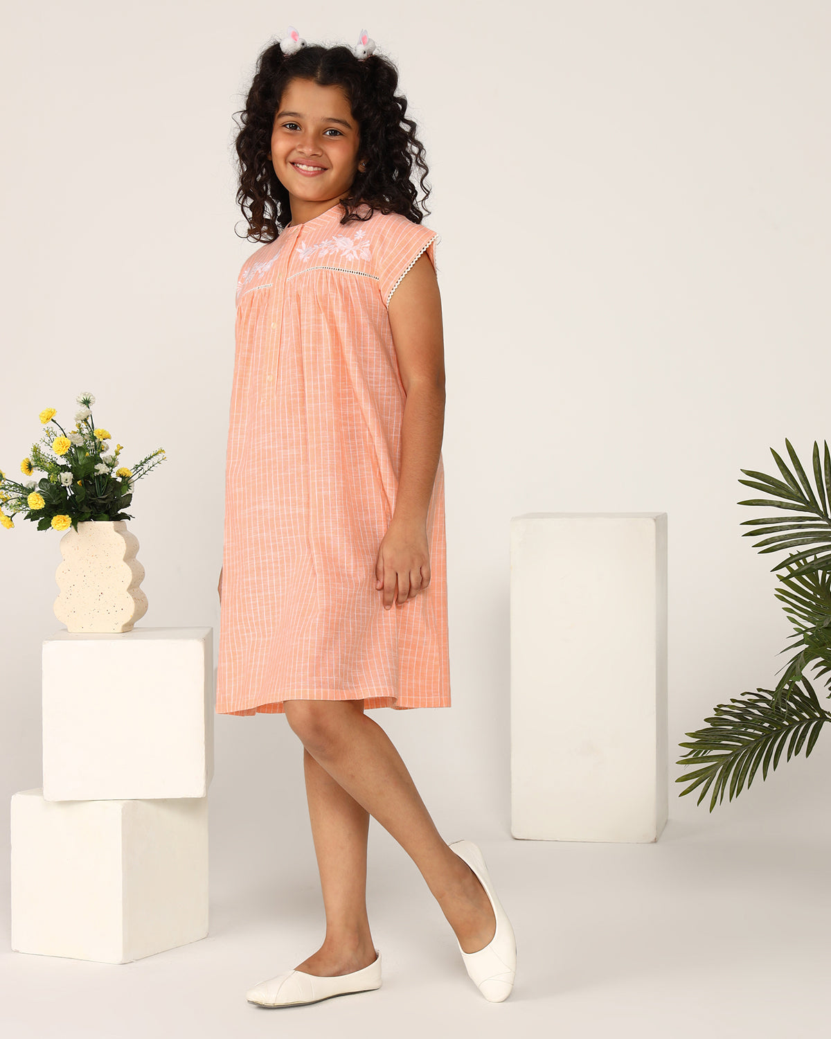 Girls Peach Embroidered Dress