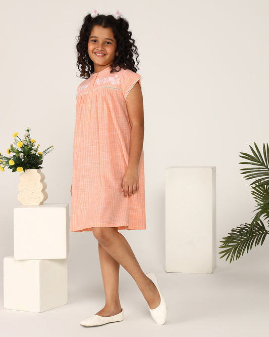 Girls Peach Embroidered Dress