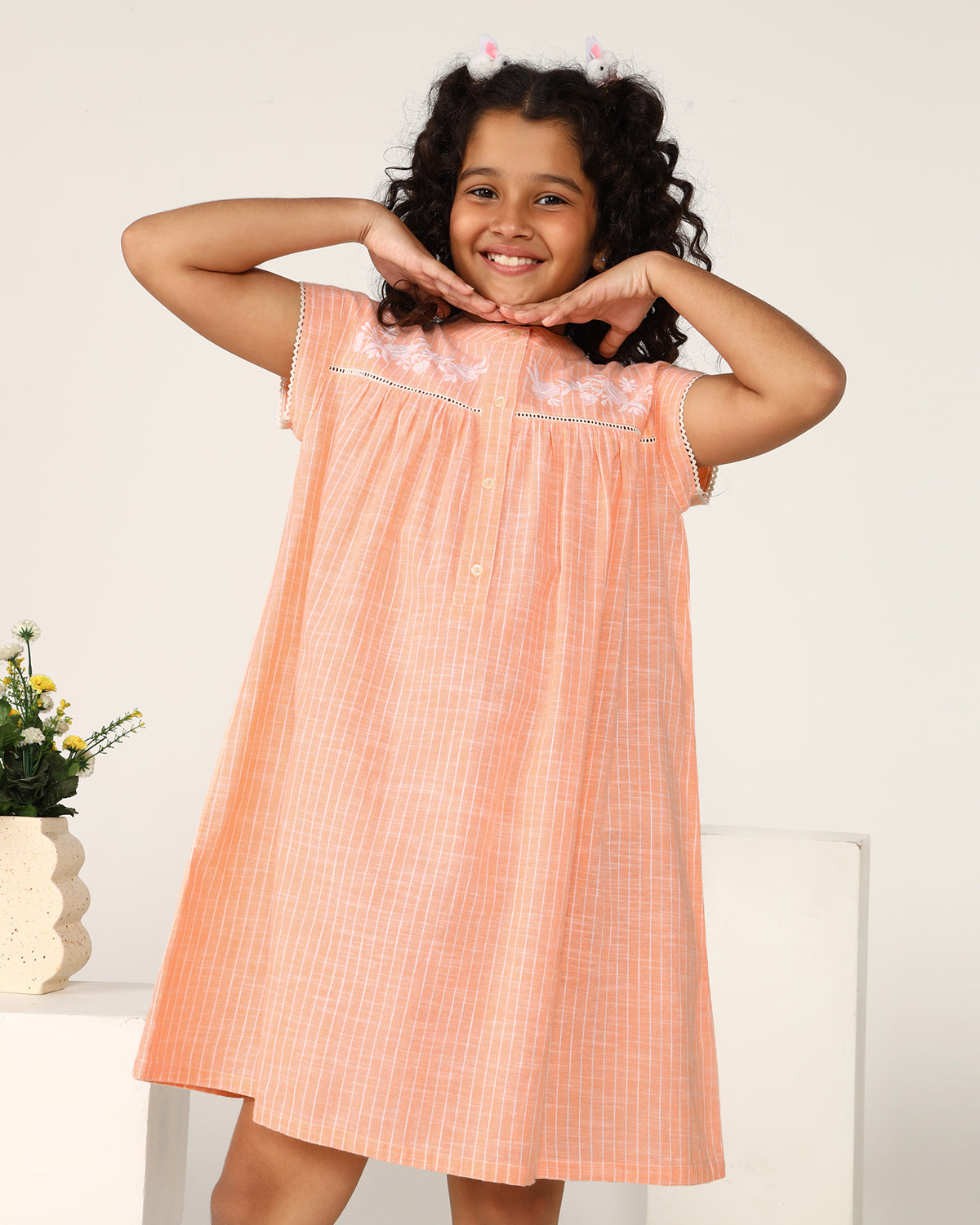 Girls Peach Embroidered Dress