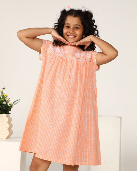 Girls Peach Embroidered Dress