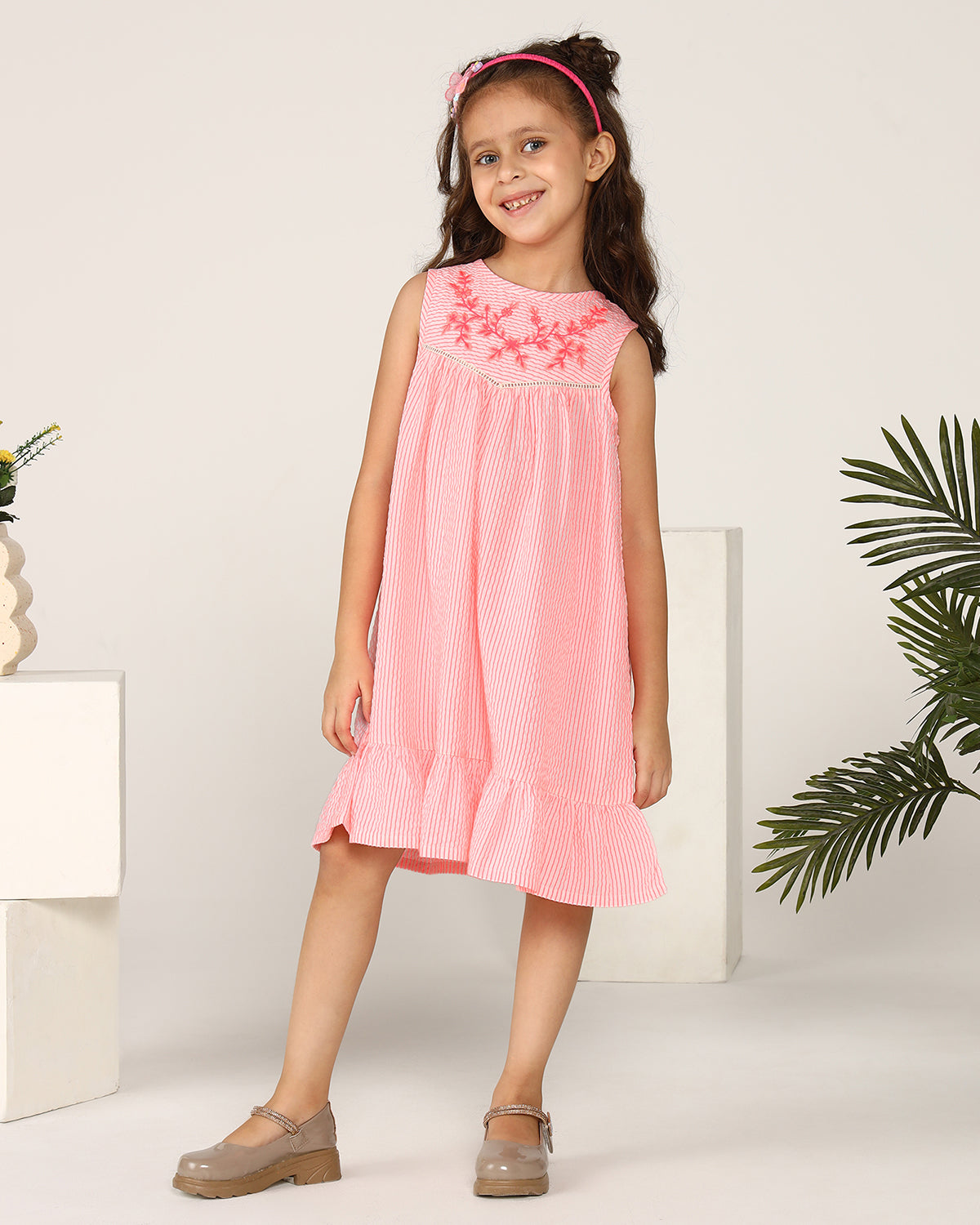 Girls Pink Embroidered Sleeveless Dress