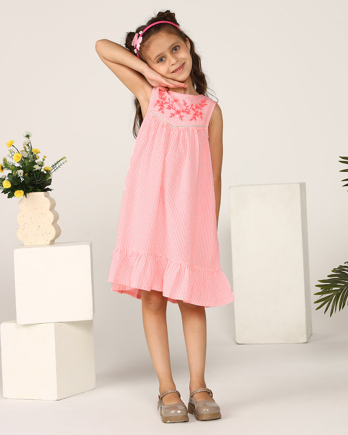 Girls Pink Embroidered Sleeveless Dress