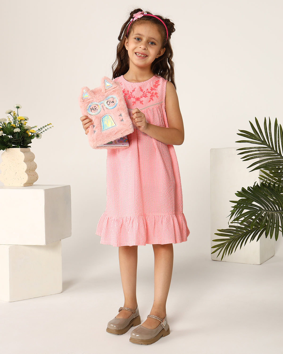 Girls Pink Embroidered Sleeveless Dress
