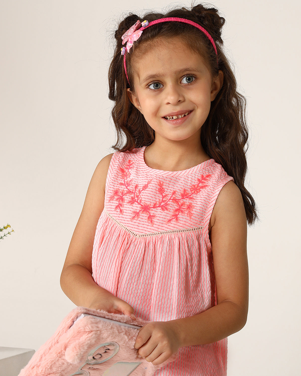 Girls Pink Embroidered Sleeveless Dress