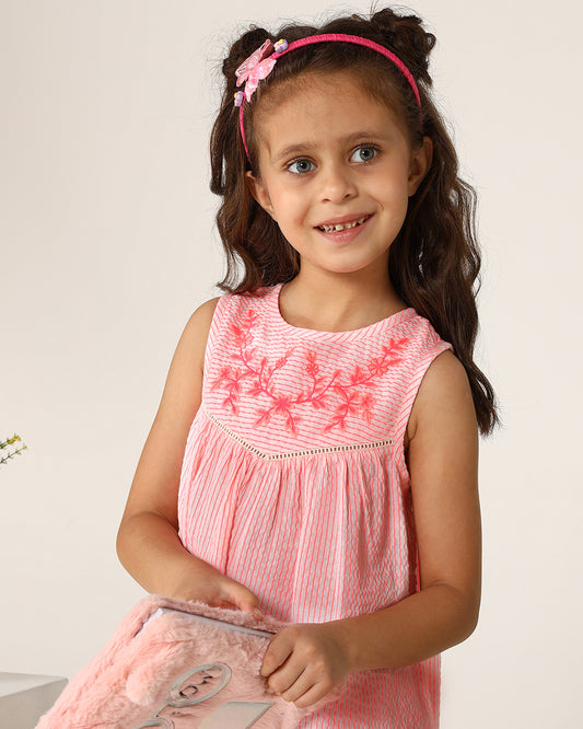 Girls Pink Embroidered Sleeveless Dress