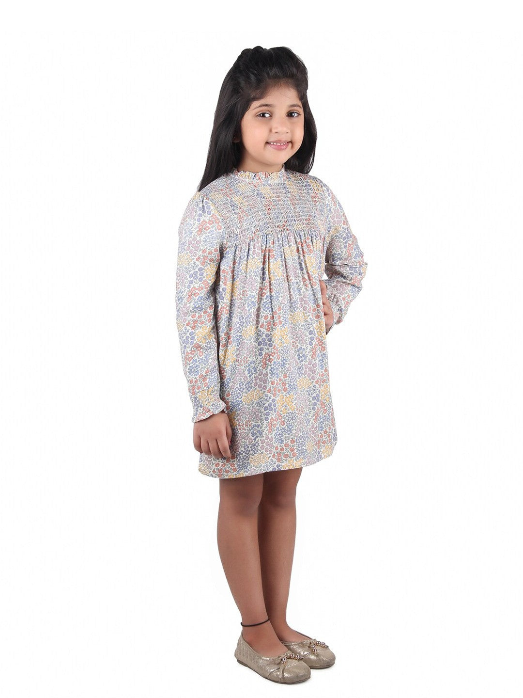 Girls Floral Smocked Sleeve Dress