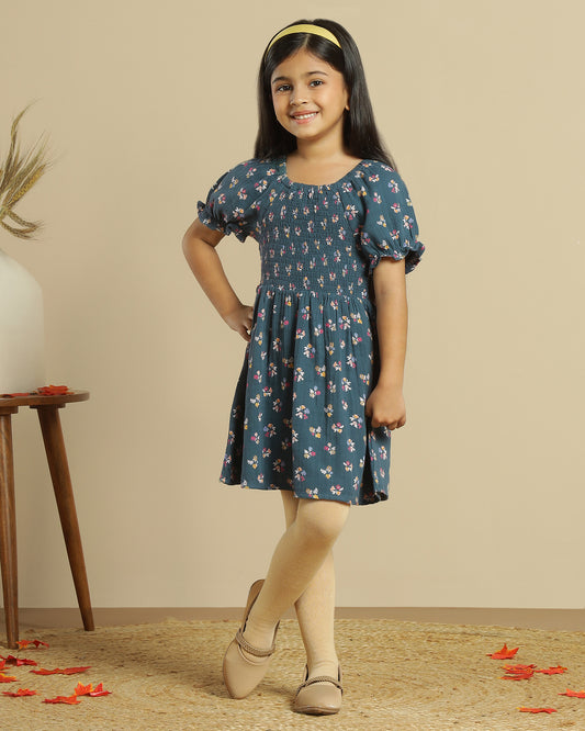 Girls Blue Smocked Floral Dress