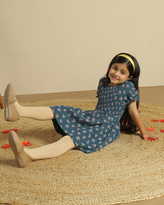 Girls Blue Smocked Floral Dress