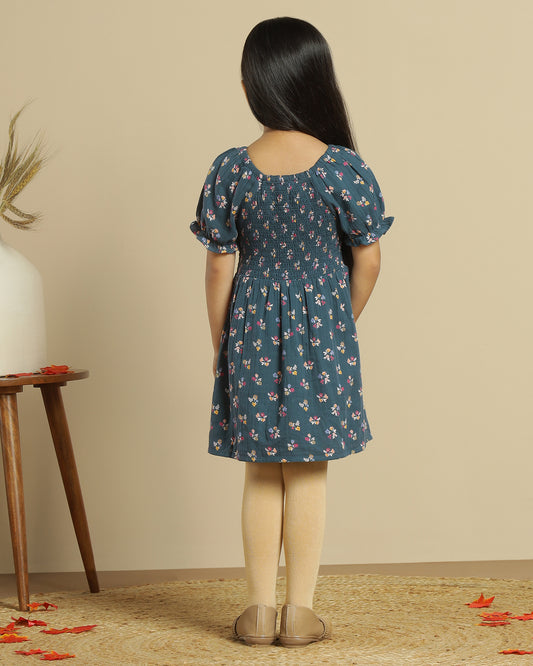 Girls Blue Smocked Floral Dress
