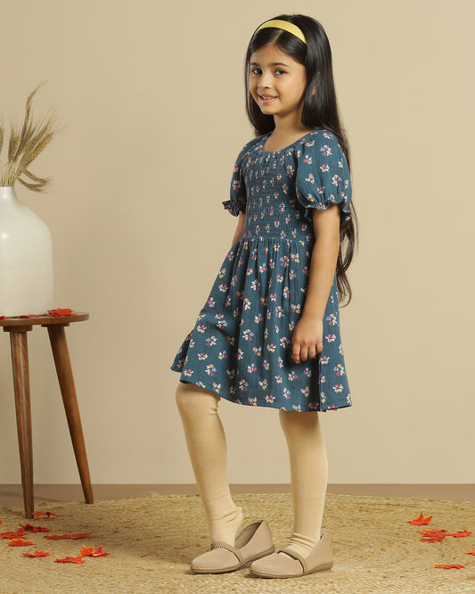 Girls Blue Smocked Floral Dress