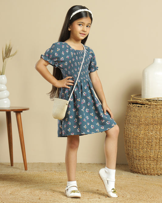 Girls Blue Smocked Floral Dress