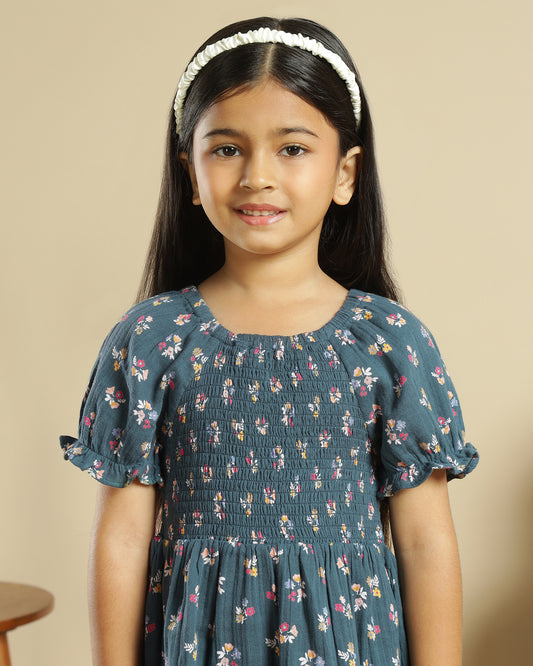Girls Blue Smocked Floral Dress