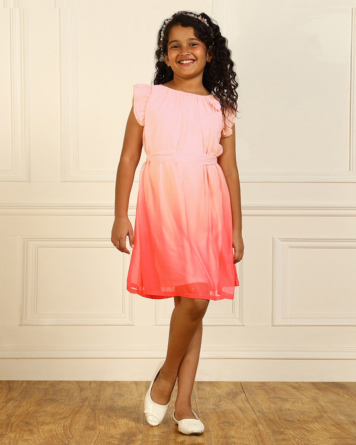 Girls Peach Flutter Sleeve Dress
