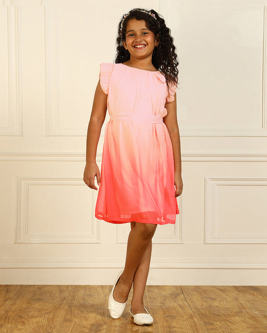 Girls Peach Flutter Sleeve Dress