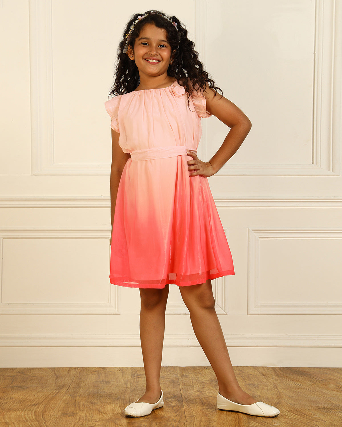 Girls Peach Flutter Sleeve Dress