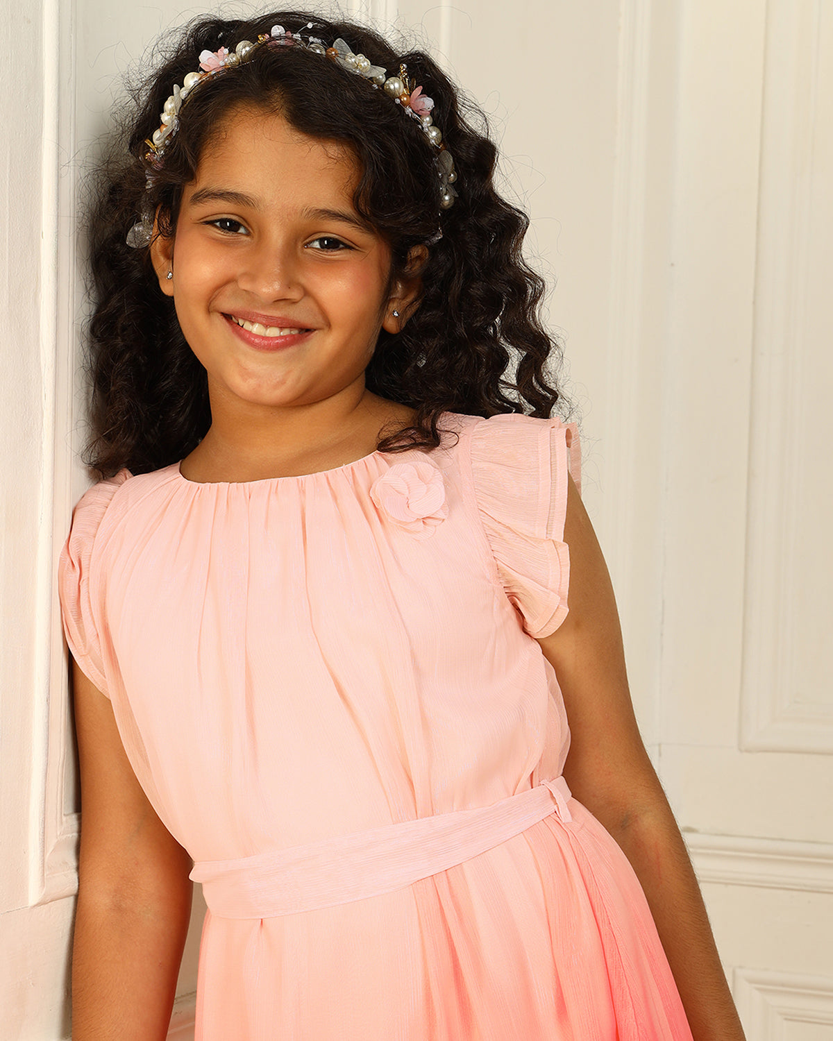 Girls Peach Flutter Sleeve Dress