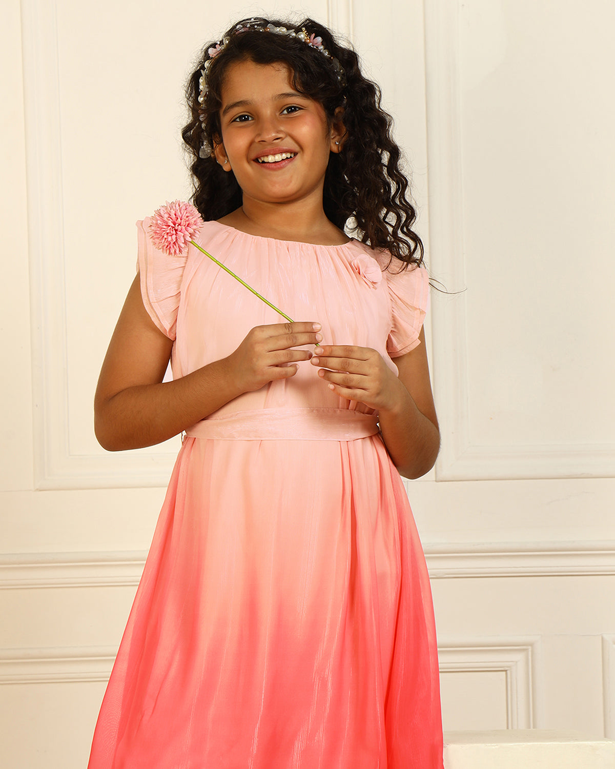 Girls Peach Flutter Sleeve Dress