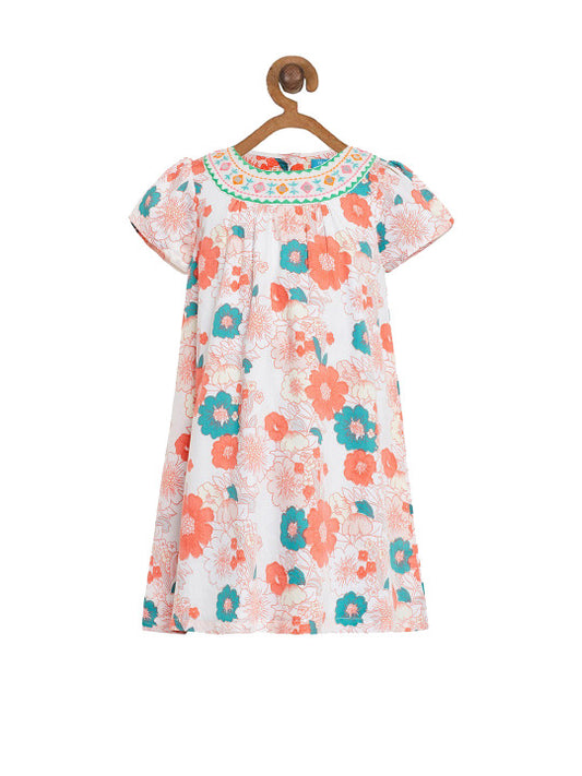Girls Peach Floral Printed Dress