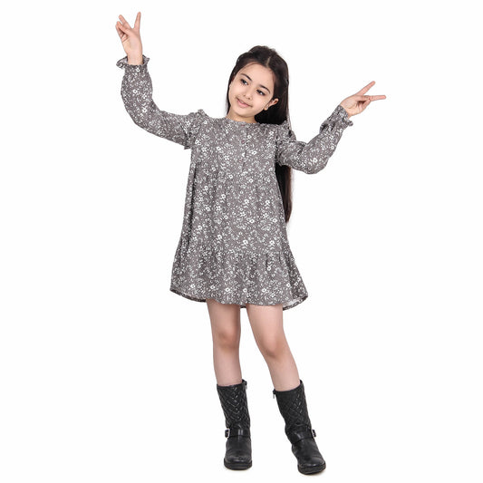 Girls Floral Print Ruffle Sleeve Dress