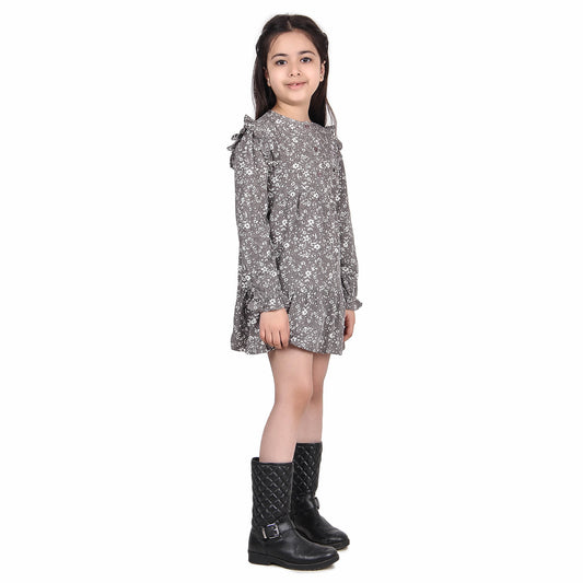 Girls Floral Print Ruffle Sleeve Dress