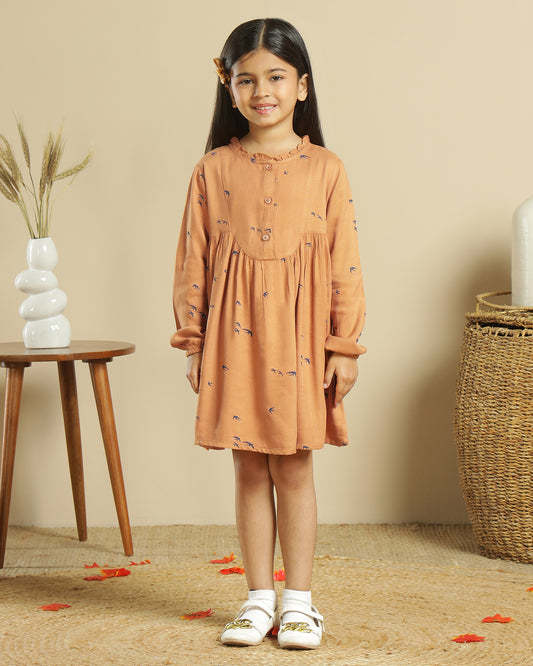 Girls Printed Ruffle Neck Dress