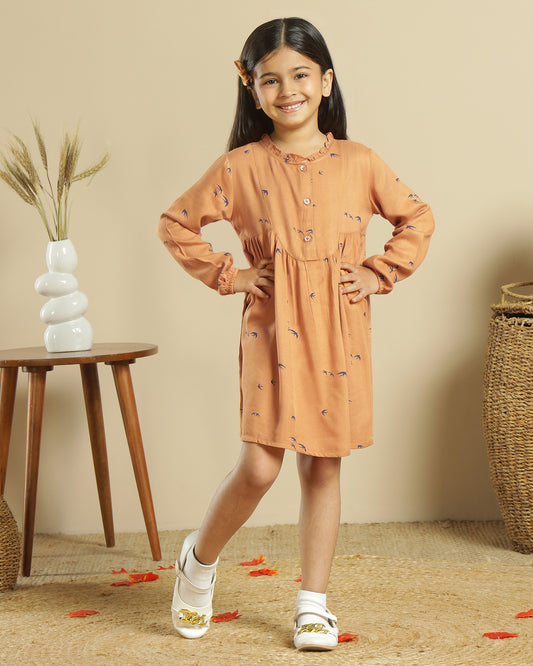 Girls Printed Ruffle Neck Dress