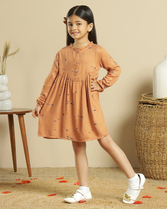 Girls Printed Ruffle Neck Dress