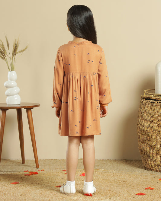 Girls Printed Ruffle Neck Dress